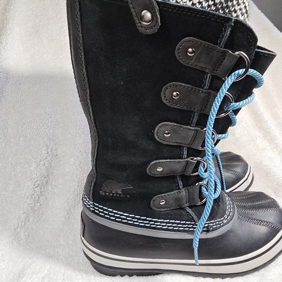 Sorel Joan Of Arctic Knit Waterproof Snow Boots Black Houndstooth Aqua 7 - Picture 3 of 16